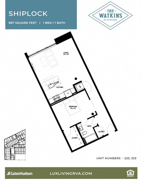 Floor plan for 1 bed, 1 bath, 861 sqft